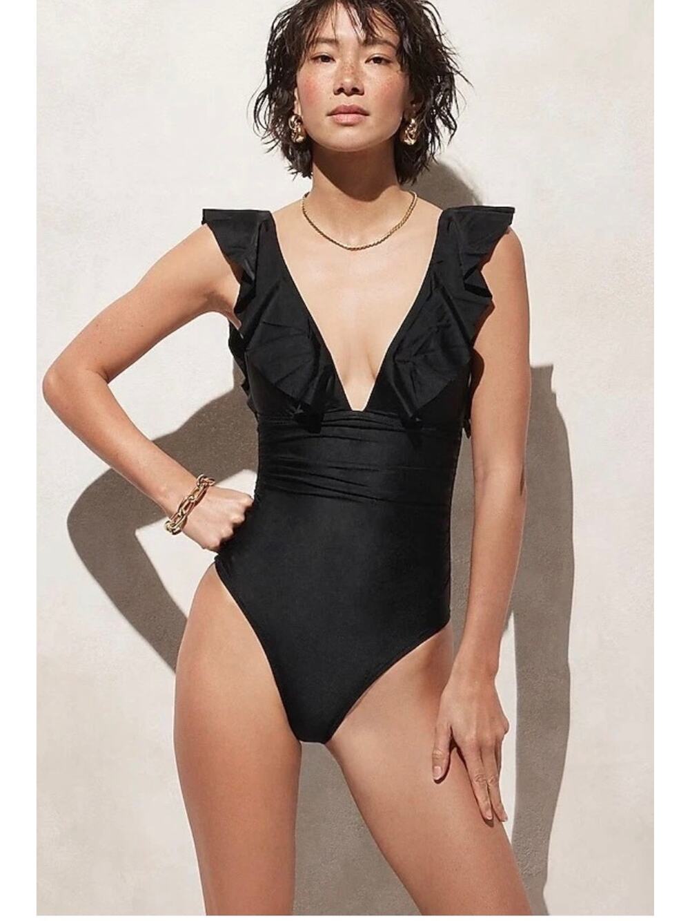 NEW J.Crew Ruched ruffle one-piece swimsuit Black Size 6